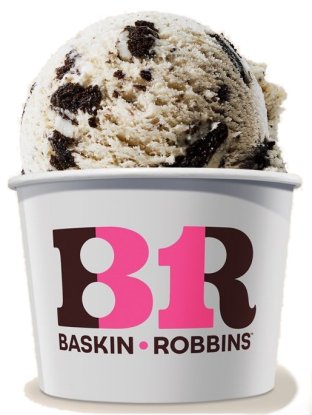Cookies and cream ice cream scoop in a Baskin-Robbins cup