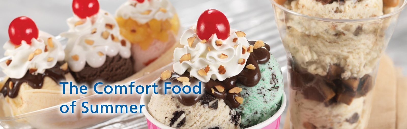 Baskin-Robbins sundaes and banana splits topped with whipped cream and cherries
