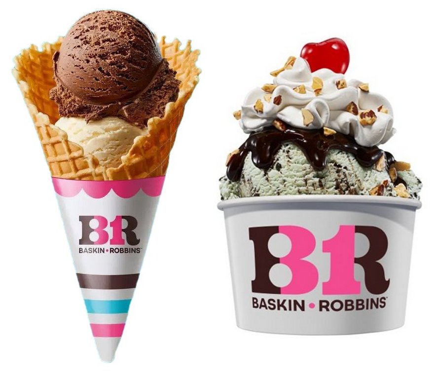 Baskin-Robbins ice cream in a waffle cone and a sundae cup with whipped cream and a cherry